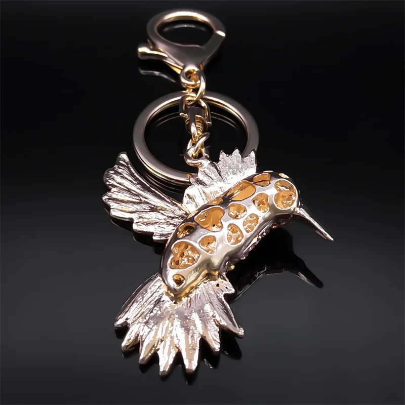 Pink Hummingbird Keychain for Women Men Rhinestone Gold Color Alloy Animal Birds Purse Bag Key Chain Jewelry llavero K9217S01