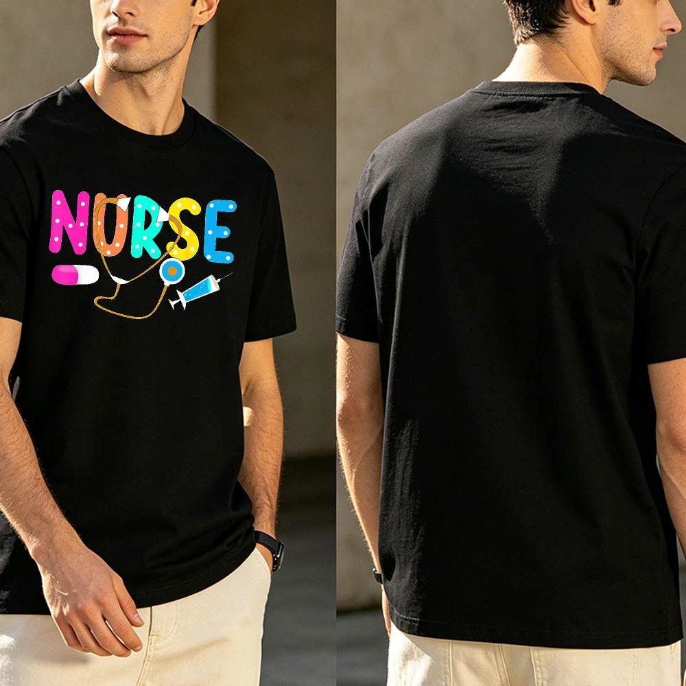 NURSE Summer Men Cotton Crew Neck T-Shirts Bright Multicolor Medical Element Print Nursing Worker Hospital Staff Holiday Apparel