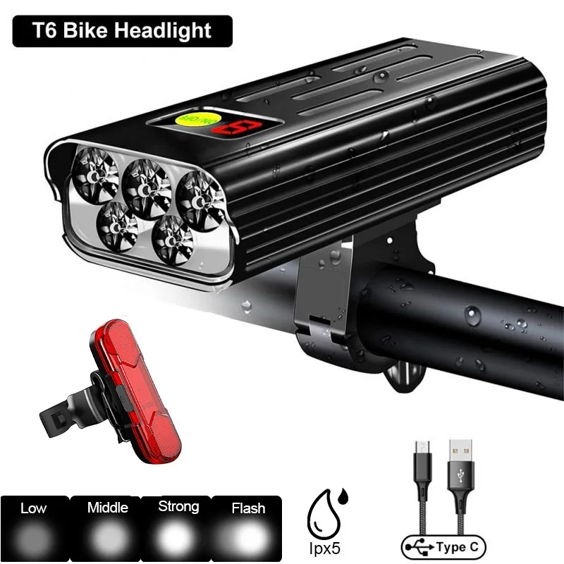 10000mAh Bike Light USB Rechargeable 5000 Lumens Bike Headlight 5T6 LED Super Bright Flashlight Front Lights and Back Rear light