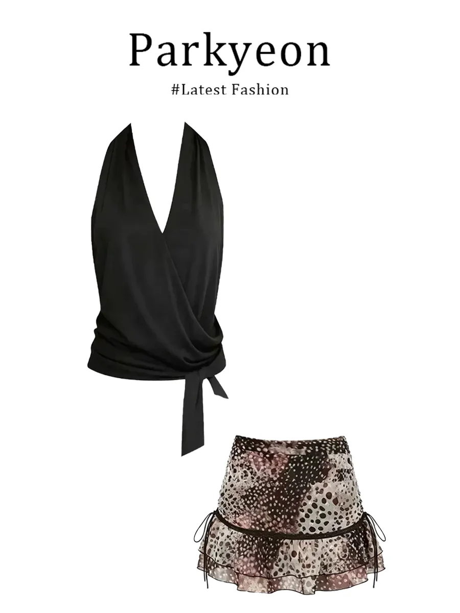 Parkyeon Black V-neck Halter Top And Leopard Skirt Set Women's Fashion Casual Wear Summer Collection Quick Dry Polyester Fabric