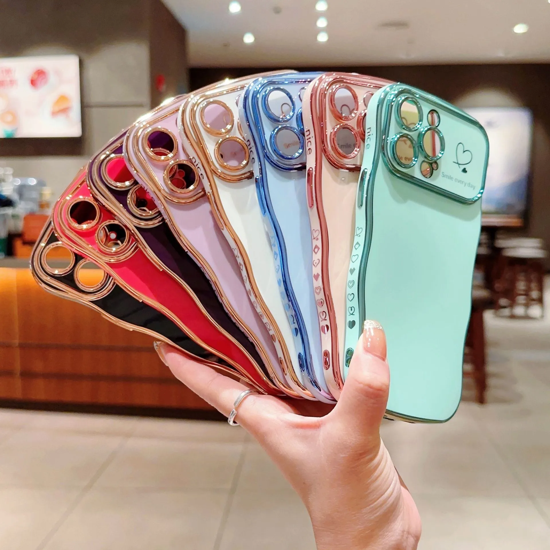 Luxury Plating TPU Soft Case For iPhone 16 Pro Max Plus 15 14 13 12 11 for Lens Protection Shockproof Wave Love Heart Back Cover