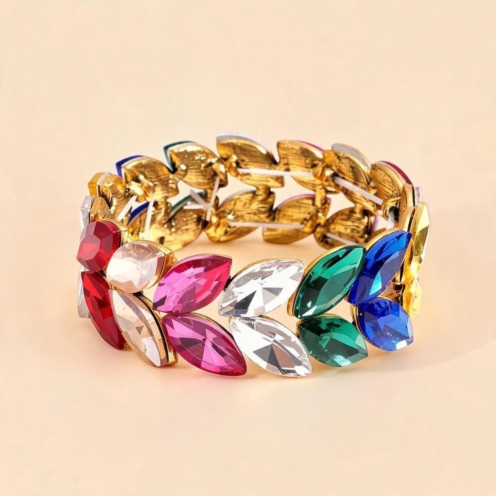 Marquise Shape Wide Crystal Bracelet Elastic Band Double Row Rhinestone Bracelet Sparkling Retractable Geometric Charm Bracelet