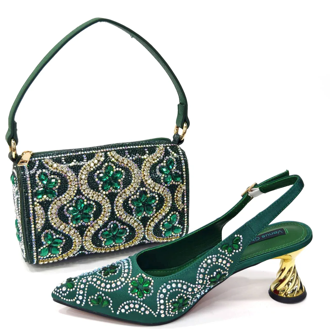 

doershow Green Italian Shoes And Bag Sets For Evening Party With Stones Italian Leather Handbags Match Bags! HDS1-1