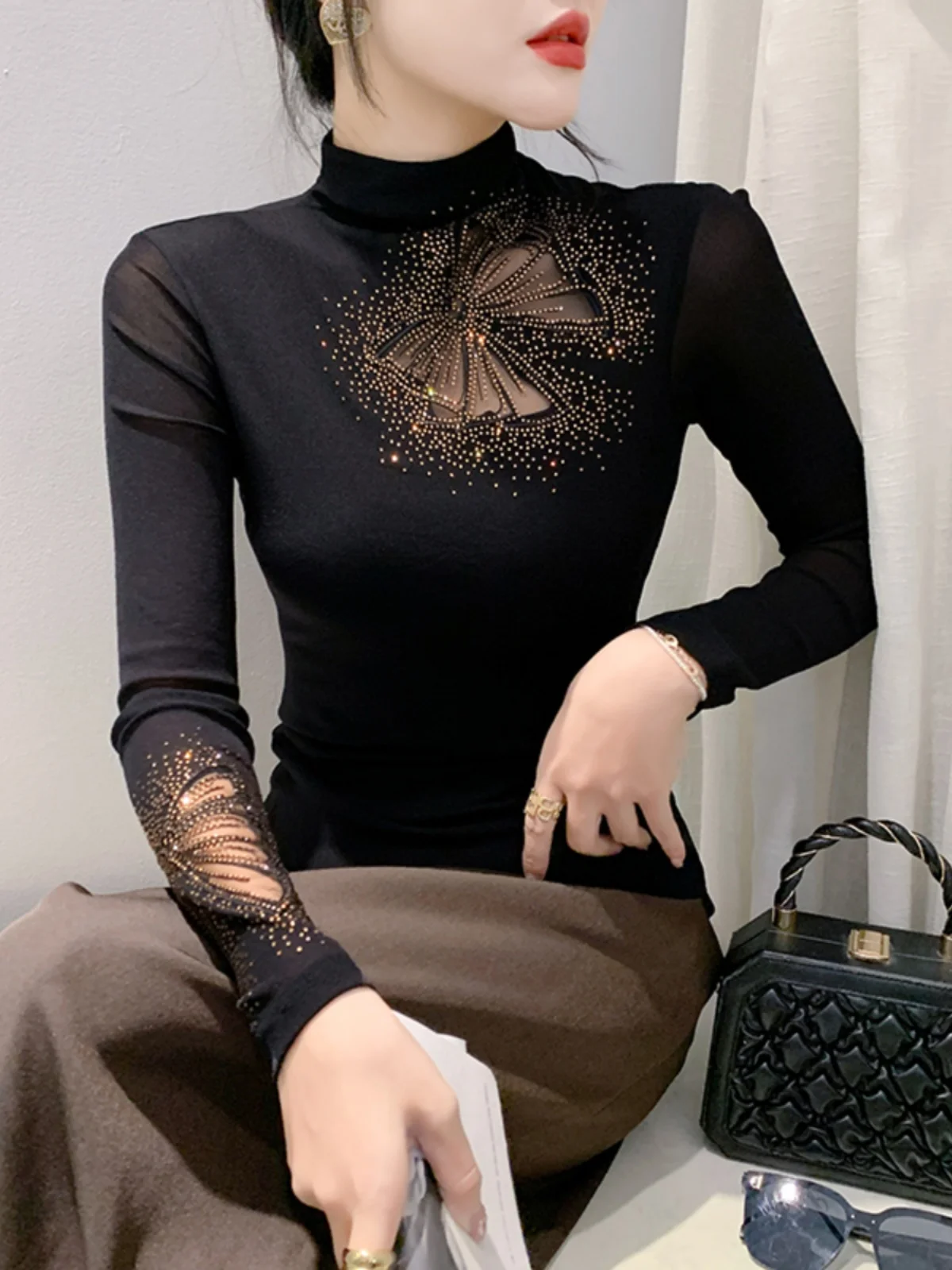 Autumn New Half Turtleneck Long Sleeve Diamond Mesh T-shirt Women\'s Slim Fit Base Black TShirts BH9739