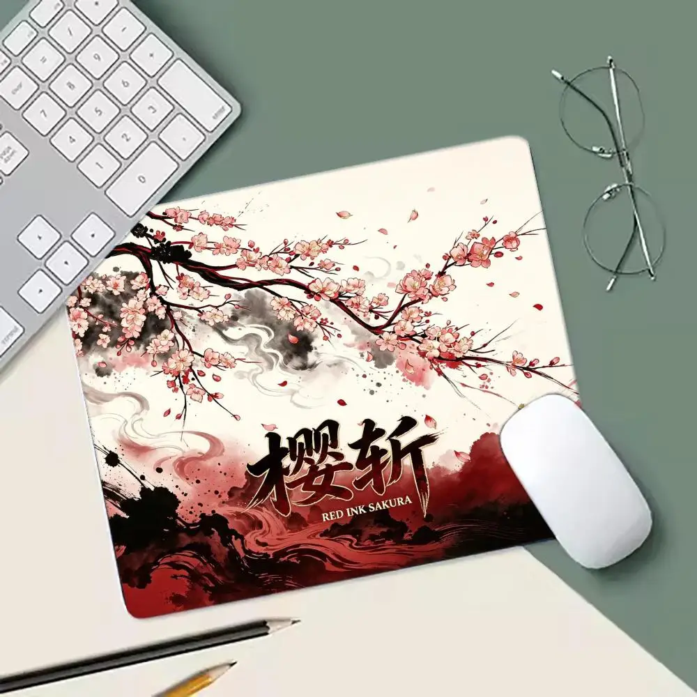 Chinese Ink Wash Red Sakura Small Mouse Pad Anti Slip Rubber Gaming Mouse Mat Vintage Oriental Art Desktop Mousepad PC Laptop