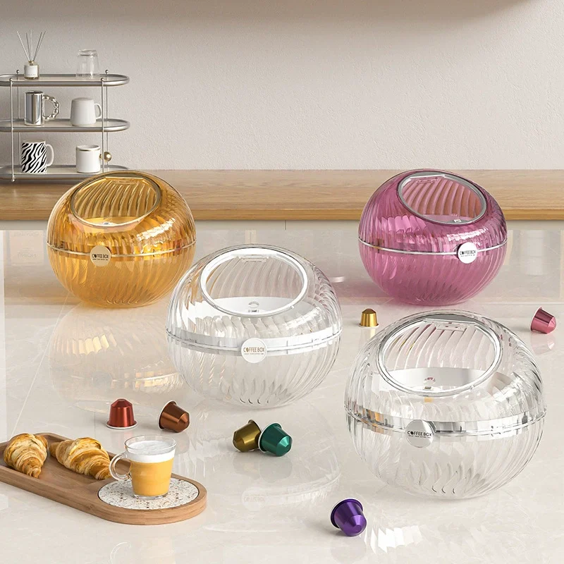 

1PC Transparent Spherical Coffee Capsules Storage Box Large Desktop Open With Capacity Decoration Lid Jar Organizer Candy Snack