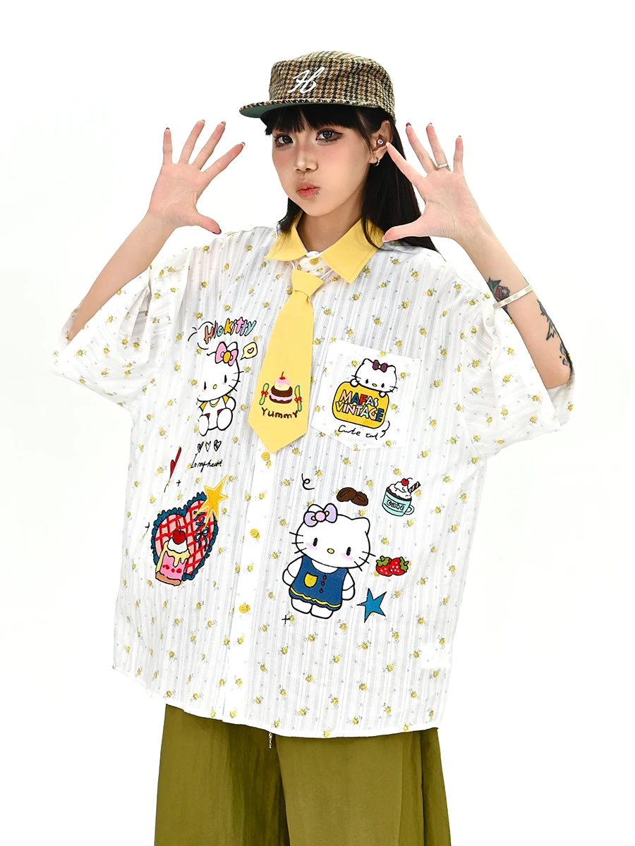 

Summer New Loose Women's ort Sve irt Floral Tie Kit Troubles Korean Sle College Wind Top Casual Fun Printed Blouse