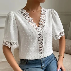 Elegant Summer Lace Chiffon Blouse V-neck Fashion Shirts Women 2023 Casual Short Sleeve Tops Ladies Loose Floral Clothes 25713