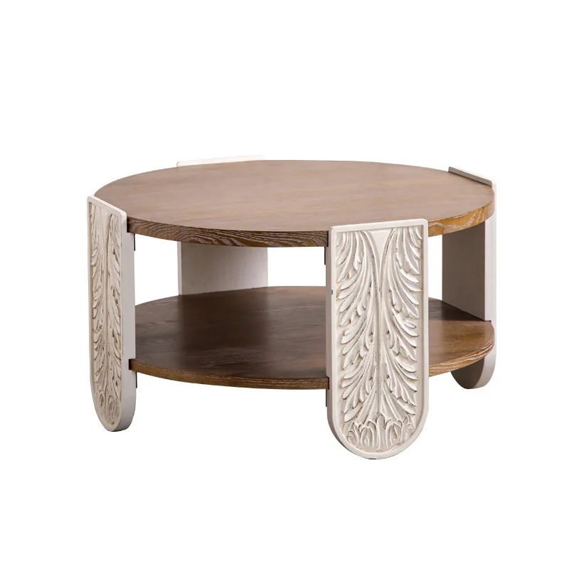 French Light Luxury Wood Carved Coffee Table, Homestay Hotel Atmosphere Carving Process, Retro And Old Double-layer Coffee Table