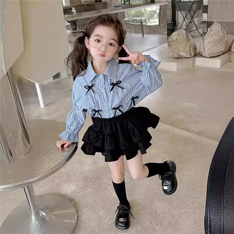 Baby Girl Bow Dress Outfit Autumn Kid Long Sleeves Striped Lapel Shirt+Tiered Ruffle Skirt 2Pcs/Set Toddler Princess Casual Wear