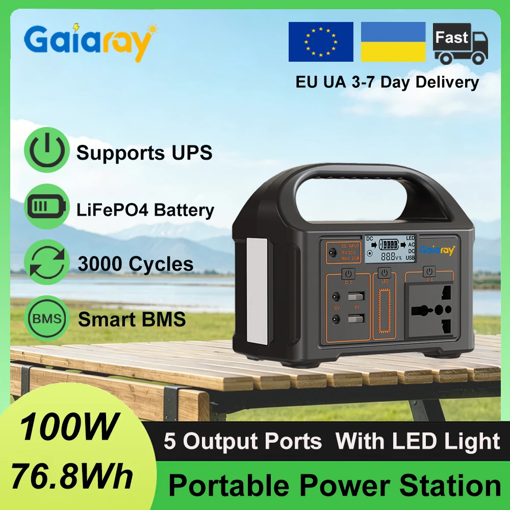 Gaiaray 100W Powerstation Solargenerator UPS 76,8Wh LiFePO4-Akku 3000+ Zyklen Tragbare mobile Powerbank LED-Licht für Outdoor-Camping Notstromversorgung