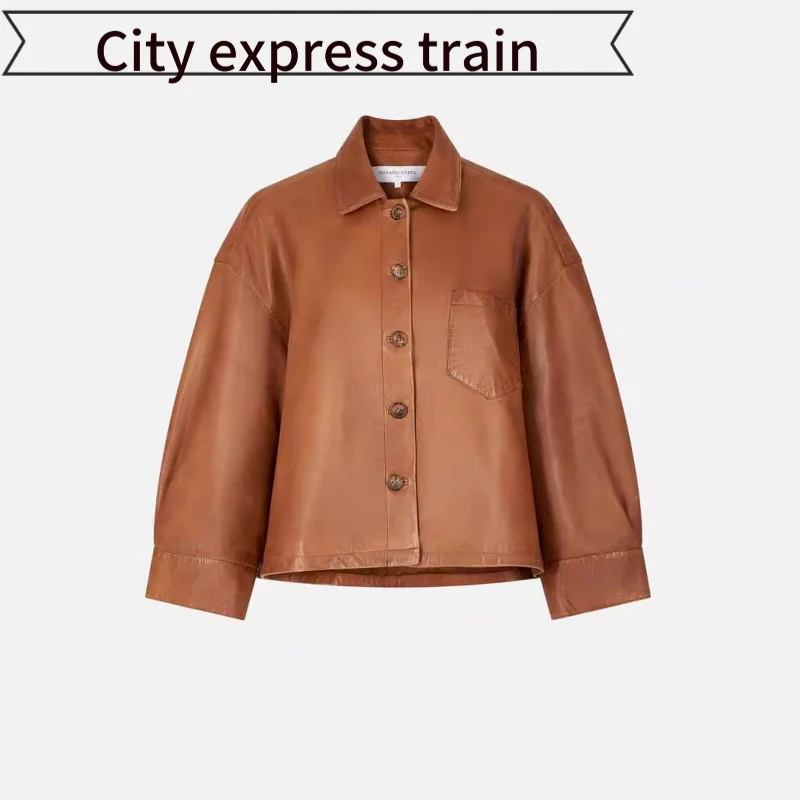 Jaqueta Feminina de Couro Marrom Elegante com Estampa Casual, Caimento Solto, Estilo Retrô, Manga Longa, Gola, para Cerimônias