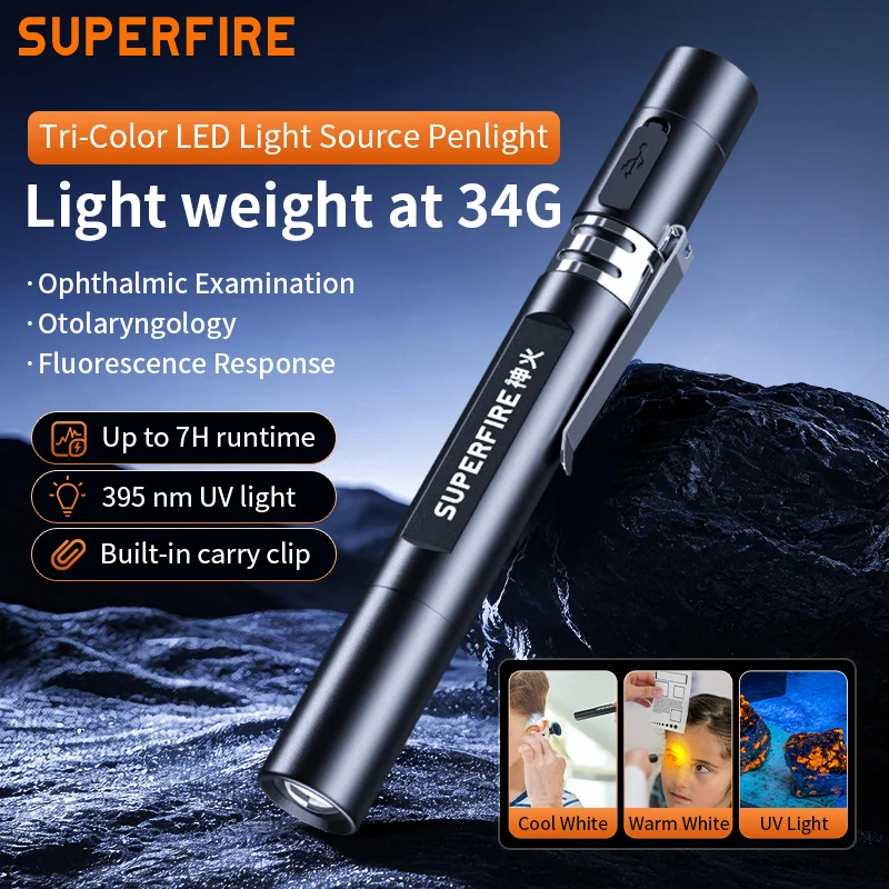 

SUPERFIRE ML02 Medical Pen Light 3 Color Rechargeable USB-C Torch Small Mini LED Flashlight Aluminum Doctor Nurse Examination