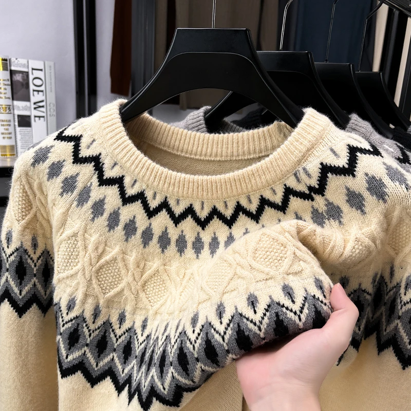 Men's American Lazy Style Knit Sweater Designer Original Fair Isle Jacquard Crewneck Soft Warm Cozy Casual Autumn Winter Men's