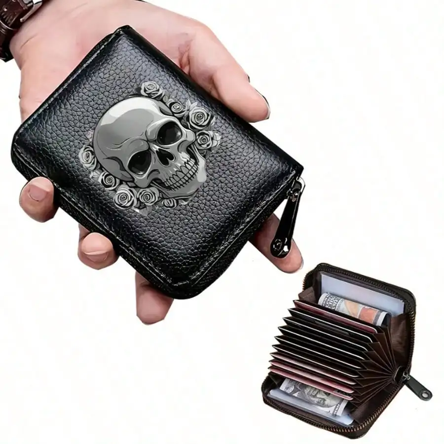 Gothic Skull Floral Print Wallet Multifunctional Card Holder Zipper Coin Purse Unique Gift For Men Mini Wallet Purse Card Holder