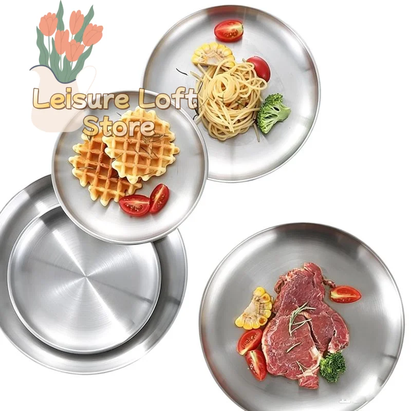 1Pc Silver Round Stainless Steel Shallow Tray Rust-Proof Food Serving Plate for Camping Picnic Backyard BBQ