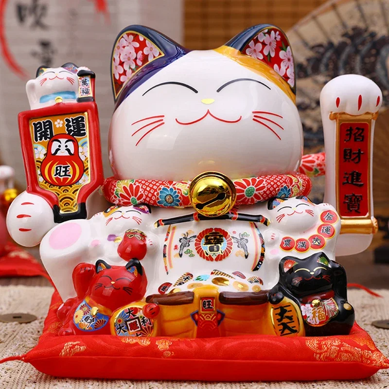 2026 8.2 Inch Ceramic Lucky Cat Ornament Maneki Neko Beckoning Cat with Movable Arm Porcelain Figurine Decoration Statue