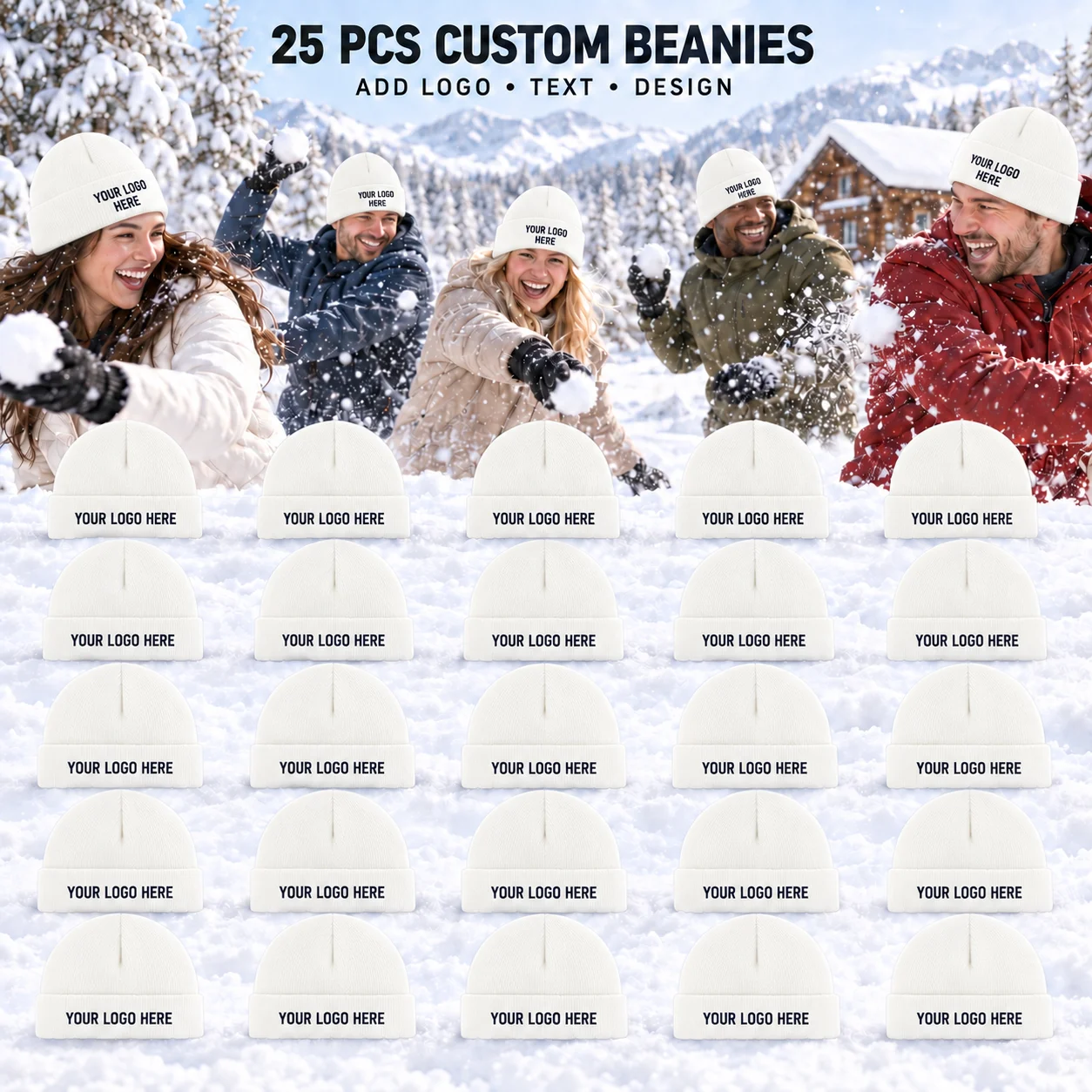 Pack of 25 Customizable Knitted Warm Beanies | Supports Custom Logos, Images, or Text | Unisex Cold-Weather Outdoor Beanies for