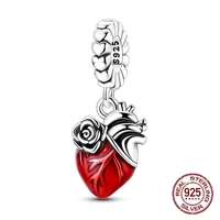 925 Sterling Silver Red Beat Heart Pendant Rose Design Pendant Fit Original Charm Bracelet Women DIY Jewelry Gift