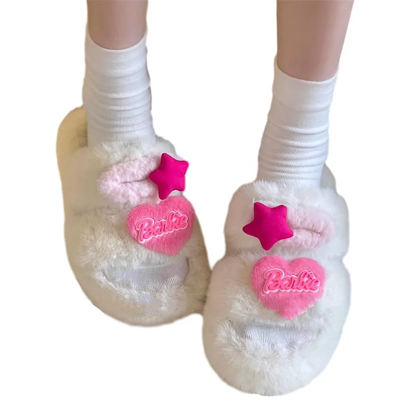 Cartoon Fashion Barbie Autumn and Winter Thick-Soled Fur Slippers for Girls, Cute and Versatile Hot Girl Lamb Wool Flip-Flops