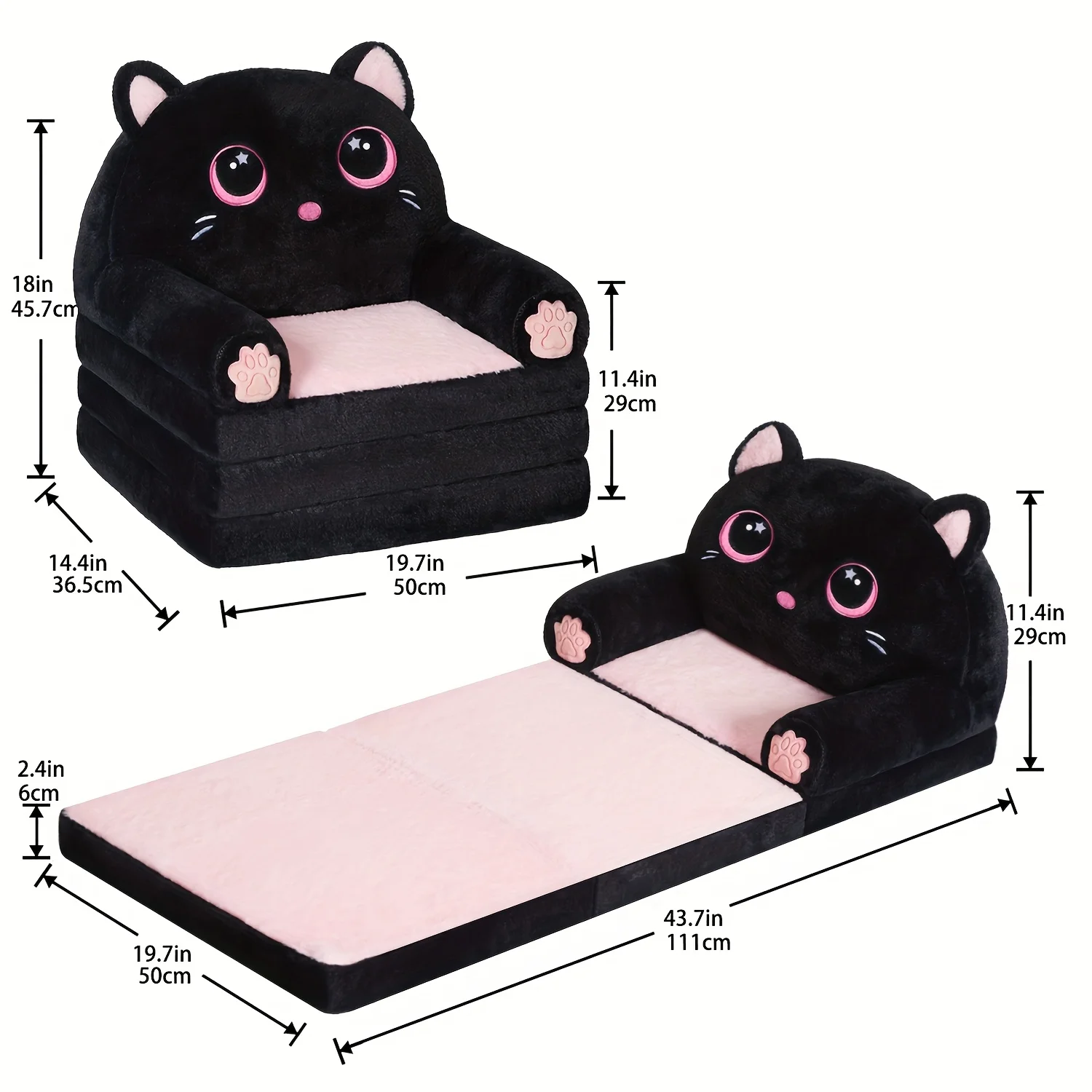 

Kids Sofa 2-In-1 Foldable Velvet Memory Foam Chair Black Pink Cat Lounger for Reading Relaxing Playroom Furniture Girls Room Decor Cat Theme Bedroom LODEIJA
