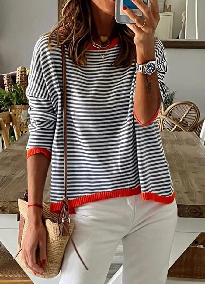 

Women's Tops Pullover Casual Autumn Winter Knitted Sweater Striped Contrast Design Round Neck Dropped Shoulder Long Sleeve Top