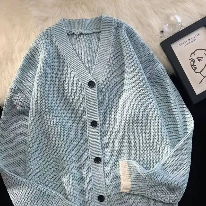 

V-neck Cardigan Women Single Breasted Long Sleeve Autumn New Fashion All-match Gentle Cozy Casual Couple Knitwear Daily Chic Ins