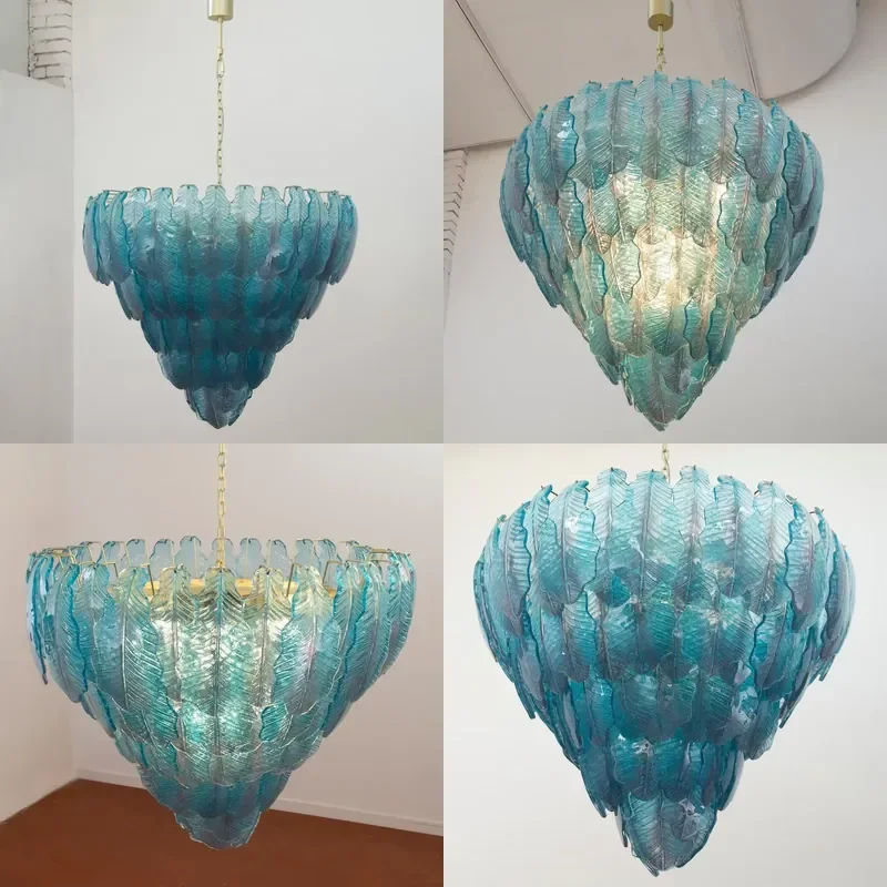 Unique Large Leaf Chandelier Blue Art Murano Glass Vintage Style Design Ceiling Lamp