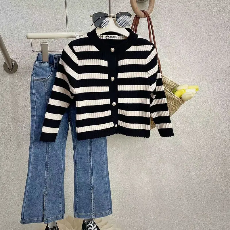 Girls Clothing Set Spring and Autumn Children's Fashionable Striped Top Jeans Set Big Girls Outfits