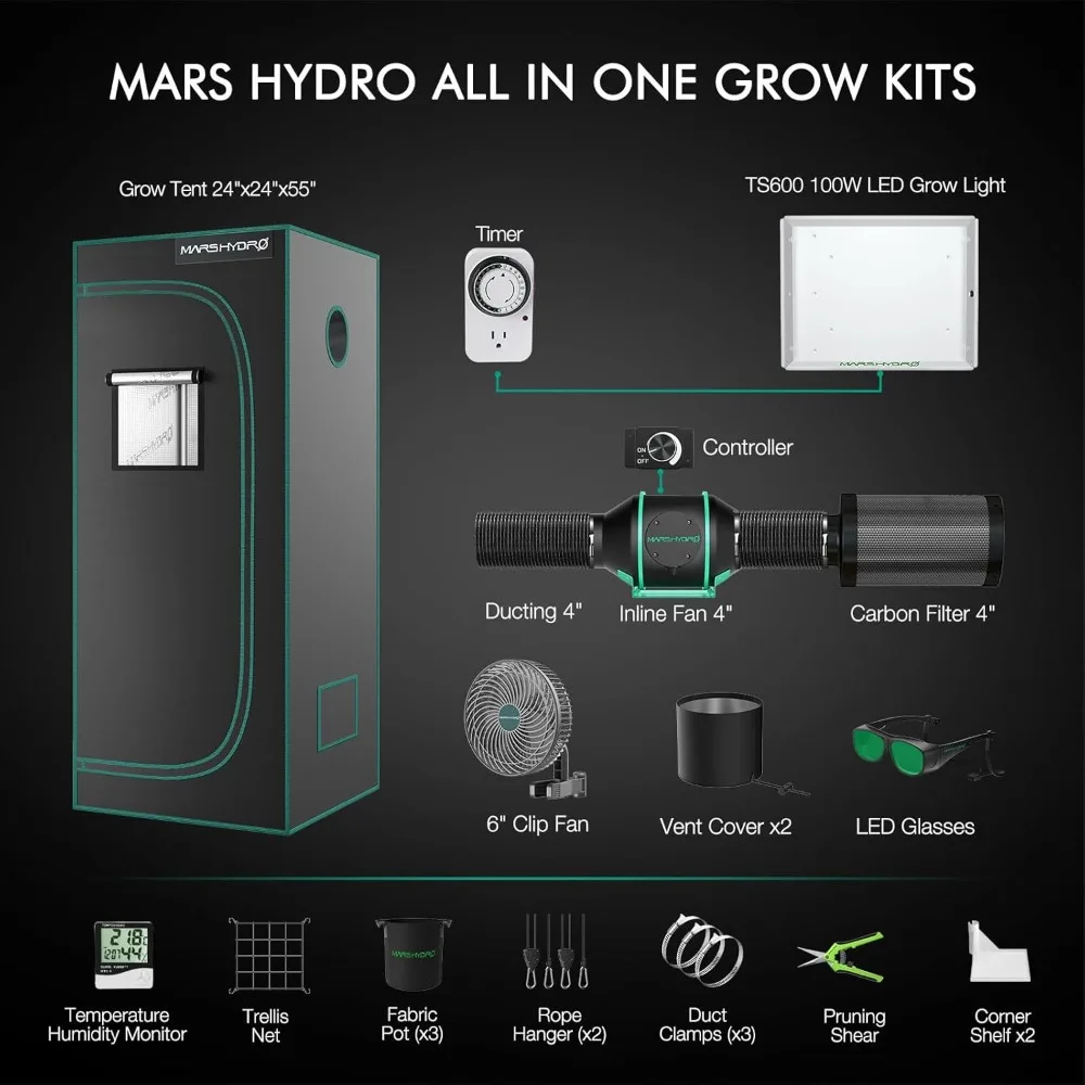 MARS HYDRO 2x2 Grow Tent Kit for New Grower TS600 LED Grow Light Full Spectrum Indoor Grow Kit 24