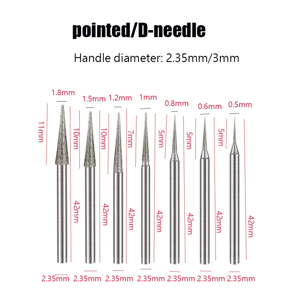 10 Pcs D needle carving, hole drilling, grinding, electric diamond grinding head, jade hole drilling, pointed needle grinding he