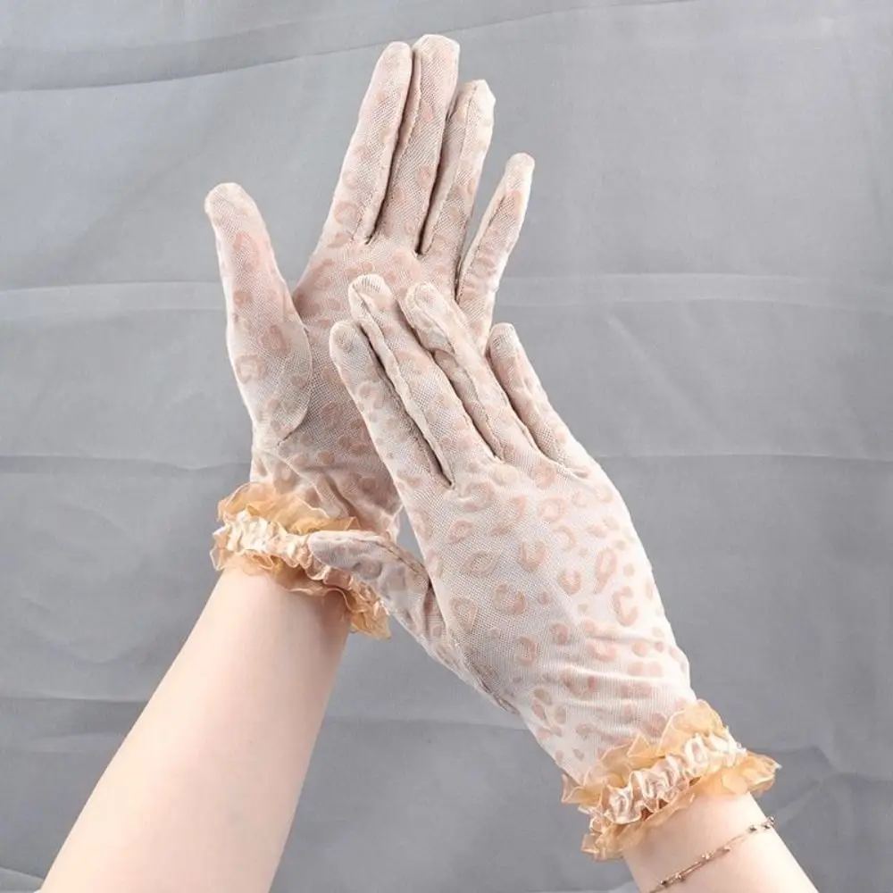Leopard Print Women's Summer Gloves Sun Protection Thin Lace Gloves 5 Fingers Breathable Party Gloves Spring Summer Outdoor