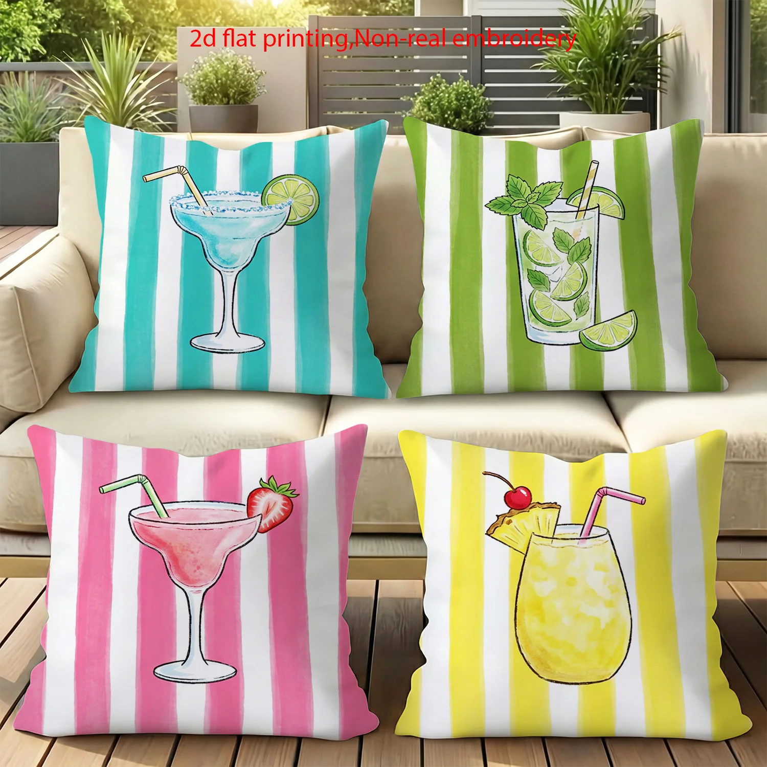 Fun Cocktail Drinks Throw Pillows 4 Piece Set Summer Tropical Cocktail Cushion Covers Striped Pattern Beach Decor