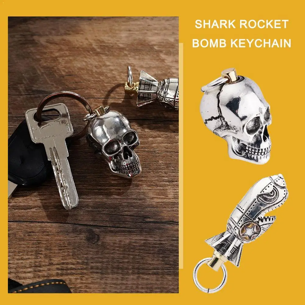 Retro Metal Shark Rocket Keychain Creative Skull Skeleton Pendant Car Key Interesting Bag Hanging Decor Cool Gift 1PCS