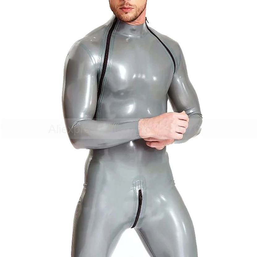 

Natural Latex Rubber Men Catsuit Shoulder And Crotch Zipper Neck Entry Jumpsuit Handmade