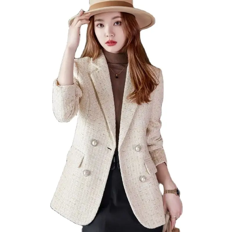 Tweed Frauen Blazer Jacke neue Büro Dame elegante Zweireiher Knopf Woll mantel Herbst Winter Jacke weibliche Anzug Oberbekleidung