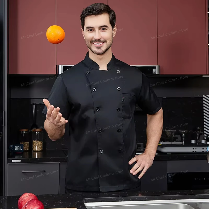 Veste de Chef noire, uniforme de chef à manches courtes, manteau de cuisinier, T-shirt de Chef, uniforme de travail de boulanger, serveur, Restaurant, vêtements d'hôtel pour femmes, Logo