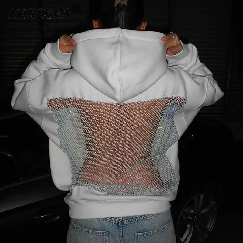 

Y2K Clothes Sexy Hollow Out Mesh Woman Sweatshirts Fall Casual Solid Pocket Fleece Hoodie Winter Long Sleeve Hooded Top Pullover