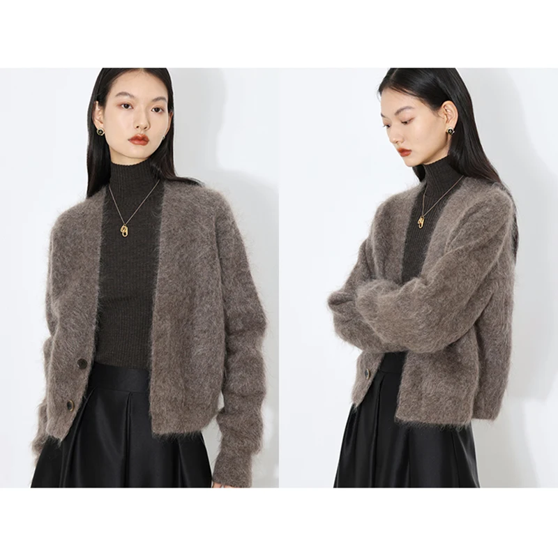 Cropped Knitted Cardigan Winter Long Sleeve Jumpers Women Mink Cashmere Sweater Outerwear Fashion Elegant V Neck Knitwear