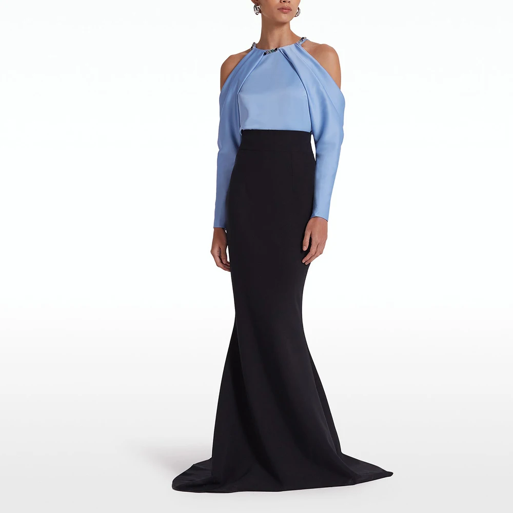 

Customized Delicate Contrast Color Crew Neck Floor Length Mermaid Satin Evening Dress Elegant Long Sleeves Vestidos Para Mujer