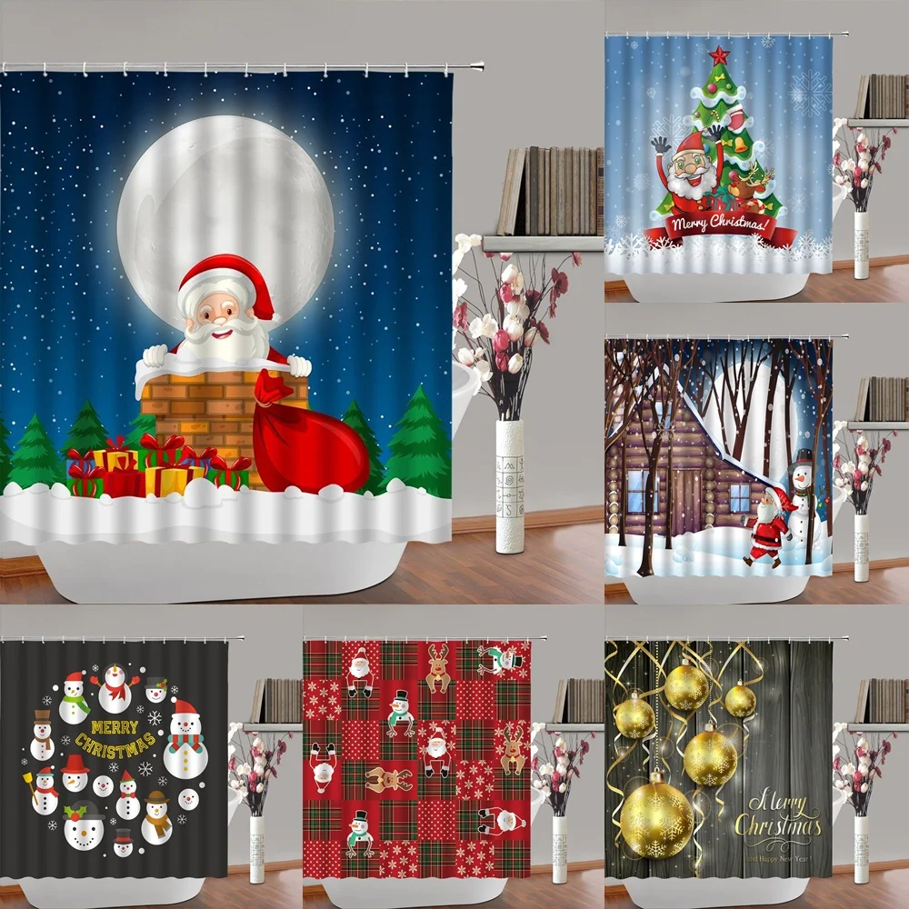 

Santa Clause Christmas Shower Curtains Bathroom Decor Chimney Full Moon Xmas Tree Snowman Winter Golden Ball Fabric Bath Curtain