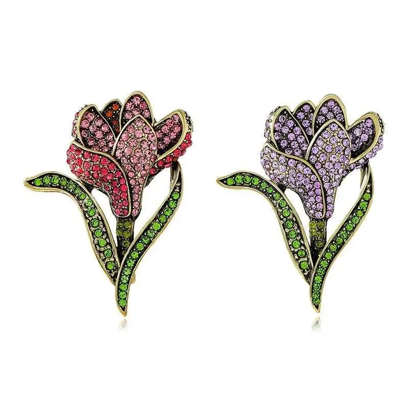 Vintage Tulip Rhinestone Brooches For Women Clothing Coat Party Accessries Gifts