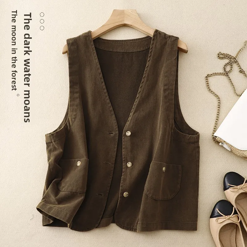 

Retro Diagonal Cotton Workwear Vest Outerwear Women's Spring Autumn Loose Casual oulder Pad Vest Layered Wear Top