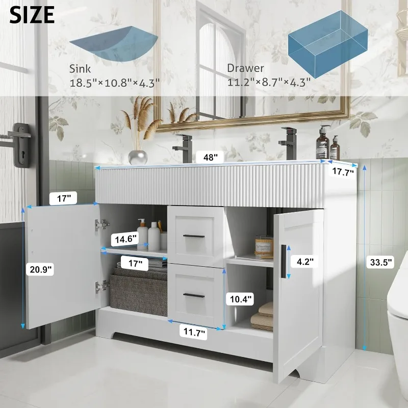 home.48" Lavabo da bagno combinato con superficie verniciata, mobiletto moderno con cassetti e linee ondulate decorative, sottopiano D