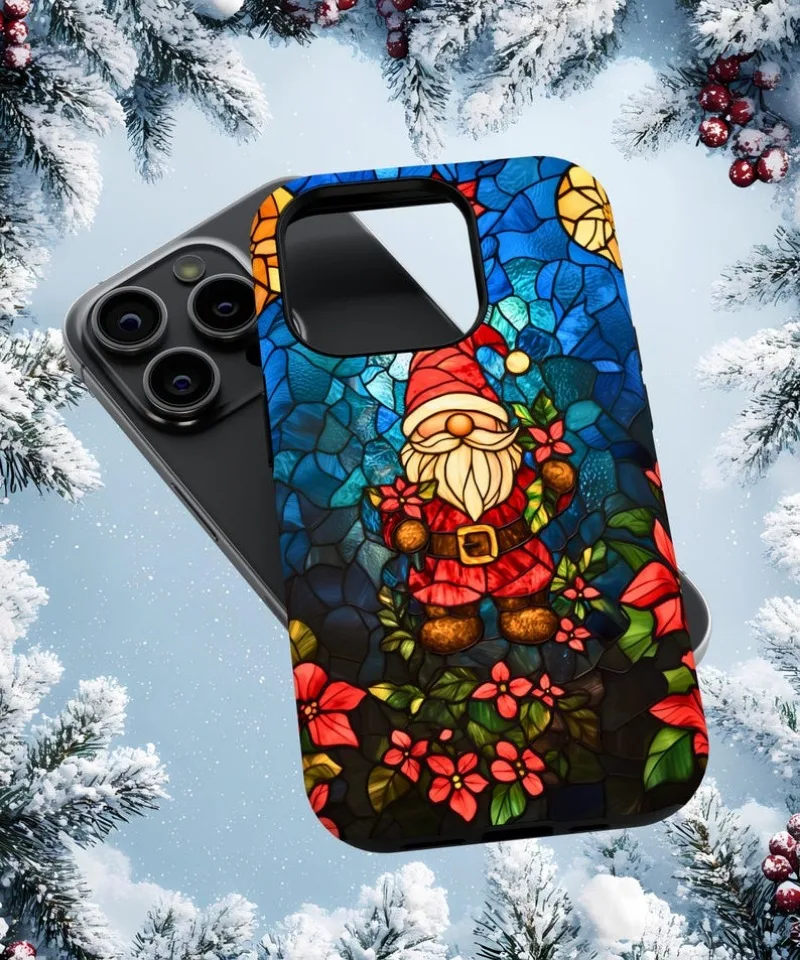 Christmas Gnome Stained Glass Phone Case For IPHONE 16 15PRO MAX 14 13 12 11 Acrylic TPU Two in one magnetic Phone Cases