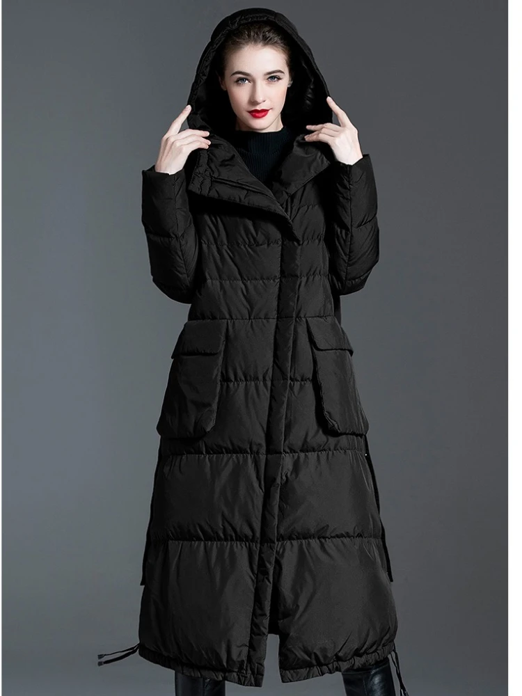 Winter Women's Hooded Down Jacket Over-the-knee Puffer Jacket Thickened White Duck Down Warm Slim-Fit Coat New Trendy Coats