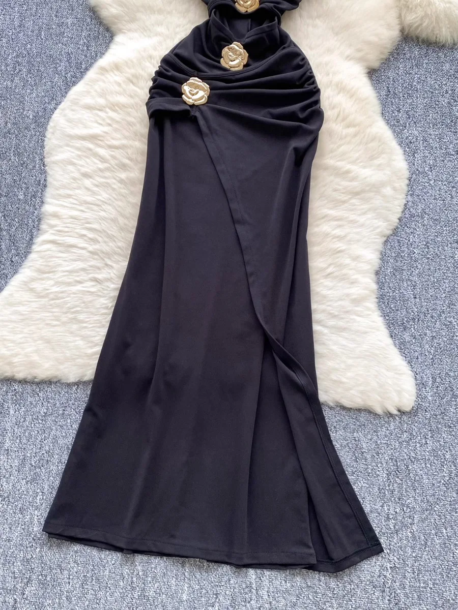 فستان صيفي طويل بدون ظهر من Foamlina فستان نسائي عالي الجودة مع رسن معدني على شكل زهرة غير منتظمة فساتين ماكسي للحفلات المسائية