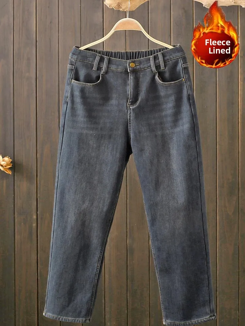 

plus Size Autumn Winter Straight Leg Fleece Lined Dad Jeans Casual Slimming Long Trousers for Pear Shaped Body Cotton Stretch...