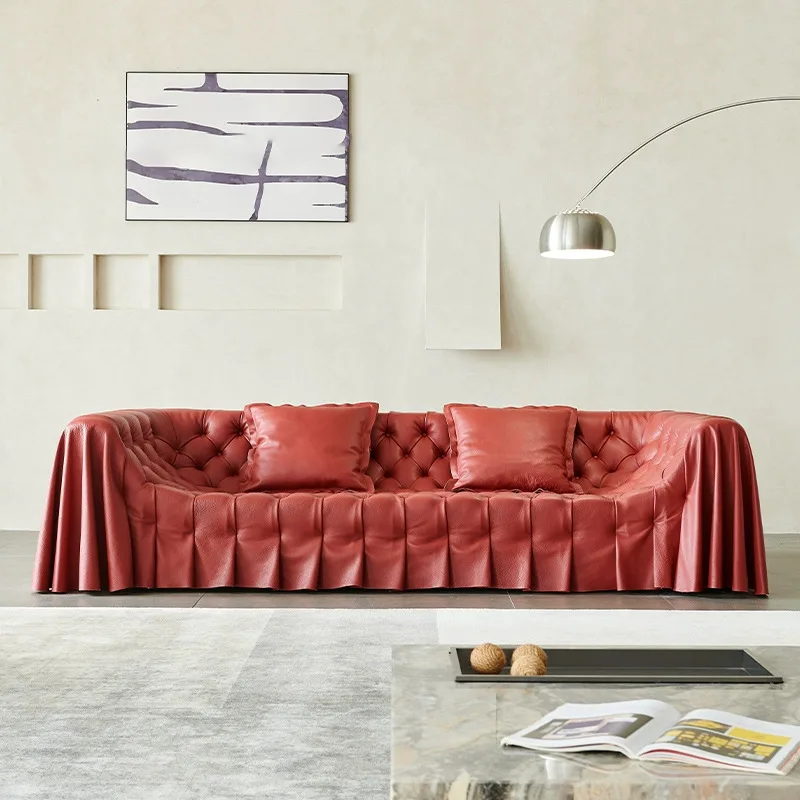 American-style light luxury leather and fabric straight sofa for small apartments, living rooms, hotel lobbies,