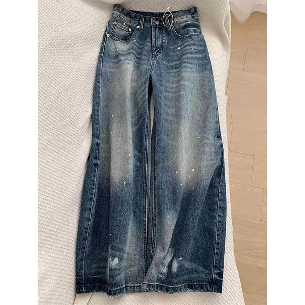 

American Retro Blue Jeans for Women White Splashed Ink Wide Leg Denim Pants Streetwear Fashion High Waist Straight Loose Jeans